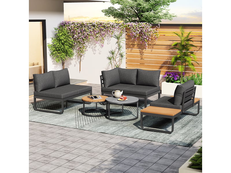  Set de jardin en fer 5 pl, coussins gris, canapés, table d'appoint, tables basses rondes  - Conforama W