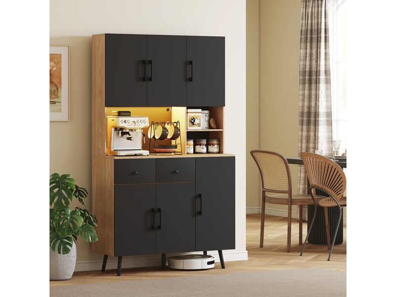  Buffet haut cuisine noir led rgb plan travail 6 portes 2 tiroirs 100x40x176 cm  - Conforama C