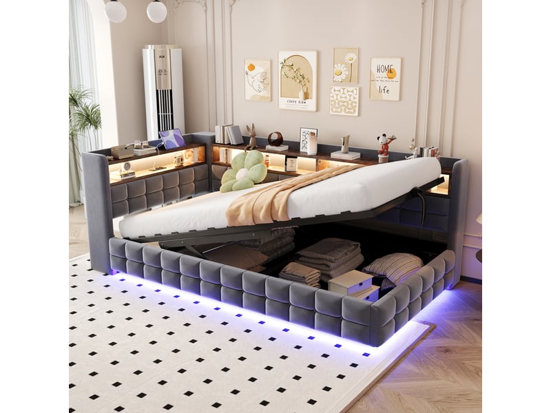  Lit banquette enfant coffre 90 x 200 cm avec led, usb, usb-c, prise et étagères, velours gris foncé Fay Lum - Conforama B