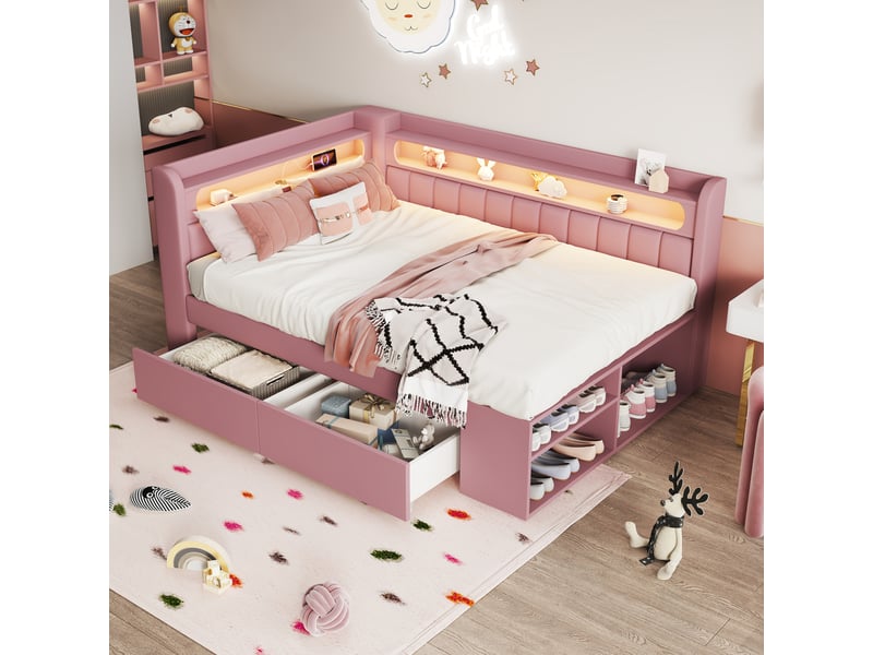  Lit simple 90x200 cm avec led et port usb, 2 tiroirs en mdf, contreplaqué et lin rose  - Conforama B