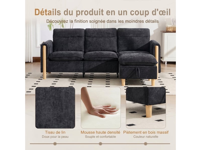  Canapé d'angle 3 places réversible avec rangement 201 cm canapé pour petits espaces en chenille noir  - Conforama R