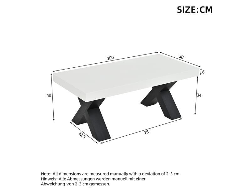  Table basse rectangulaire 100 x 50 x 40 cm avec plateau blanc brillant, pieds en x noirs, mdf  - Conforama C