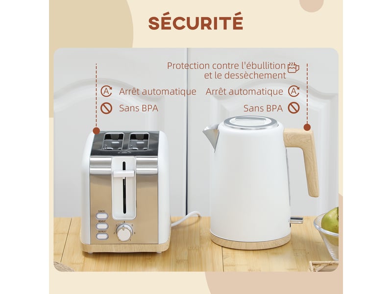  Ensemble bouilloire et grille-pain, 1,7l, 2200w, blanc, grille-pain 2 tranches avec 7 niveaux de brunissage  - Conforama W
