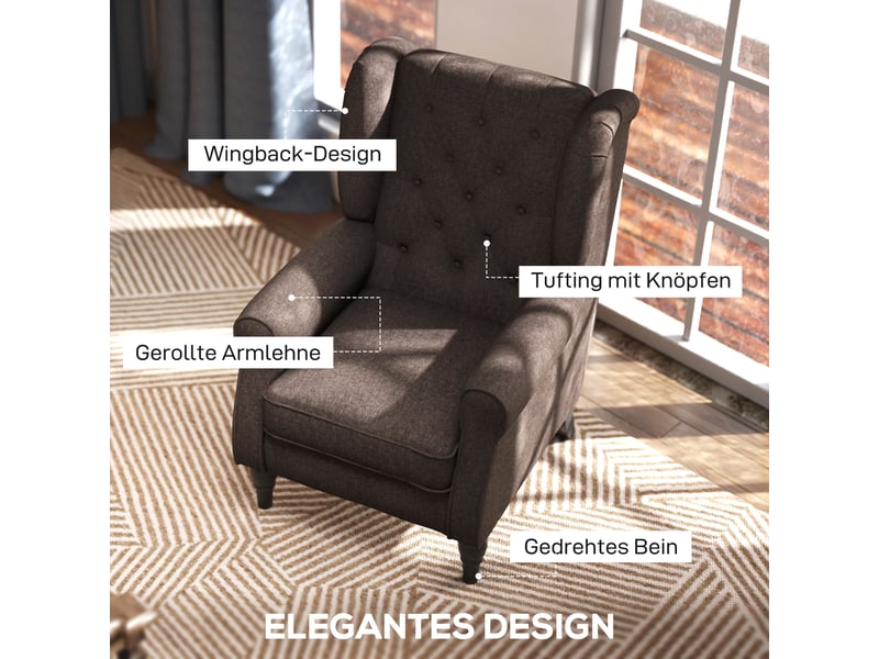  Fauteuil à oreilles capitonné en tissu flanelle pieds bois marron 74x86x102 cm  - Conforama D