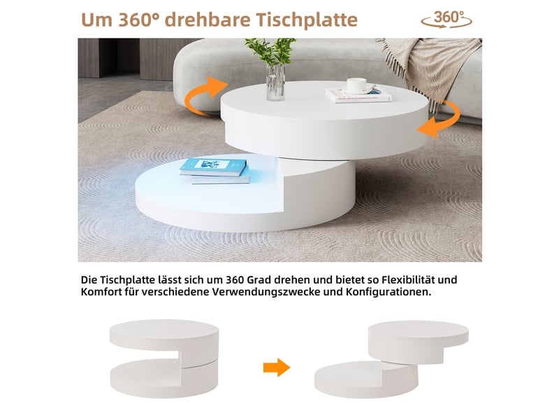  Table basse rotative 360° avec led et rangement 2 niveaux - lpospi - design cylindrique en mdf blanc 70 × 70 × 35,5 cm  - Conforama E