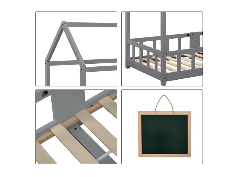  Lit enfant en forme de maison 90x200 cm en pin gris avec tableau, barrière de sécurité et sommier à lattes.  - Conforama E