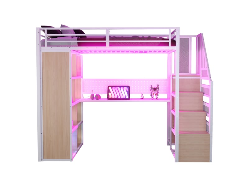Lit mezzanine enfant 90x200 cm – blanc – bureau, rangement, armoire, led et prises intégrées - sans matelas - Conforama A