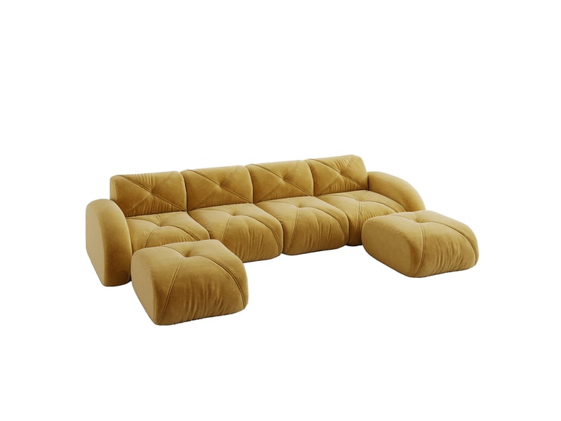  Canapé modulable 4 places avec 2 poufs en chenille jaune  - Conforama A