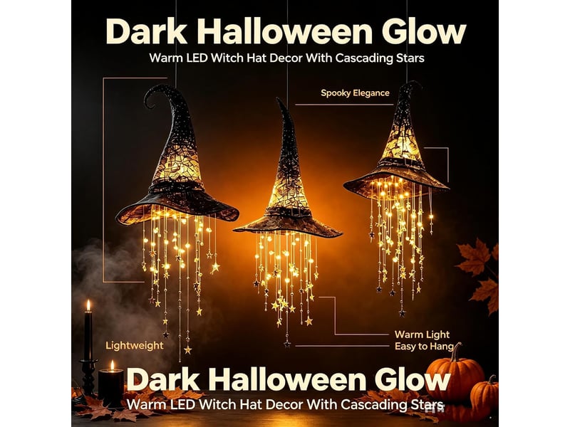  Lot de 3 décoration halloween suspendue, chapeau de sorcière lumineux led pour porche, entrée, jardin et terrasse  - Conforama C