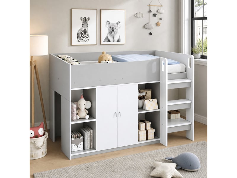 Lit mezzanine enfant 200×90 cm avec armoire, étagères ouvertes et échelle, gris et blanc - Conforama B