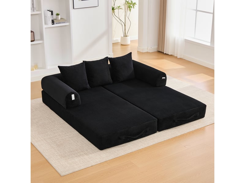 Canapé modulable compressé 3 places, 200x94x67 cm, pliable, structure métallique robuste, poche latérale, 3 coussins, velours côtelé noir - Conforama E