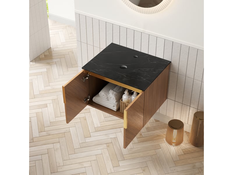 Meuble sous vasque avec 2 portes et plan en pierre frittée noire, finition chêne, pour salle de bain, 61 cm  - Conforama B