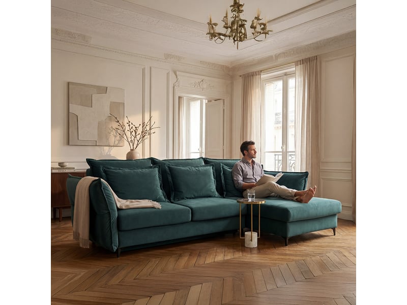  Canapé angle droit verduro en velours bleu pétrole - 3 places 3CA55.PI.3AC.D.24 - Conforama C