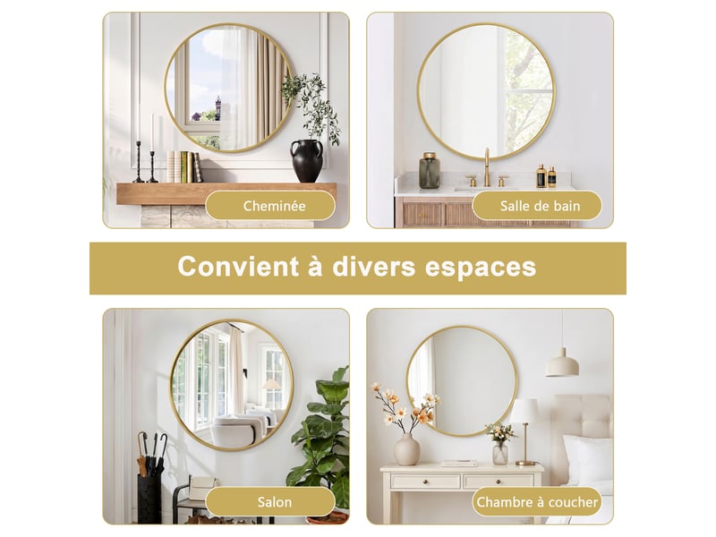 Miroir mural 75x75 cm, cadre en aluminium, forme circulaire, lignes épurées, pour salle de bain ou séjour,doré  - Conforama E