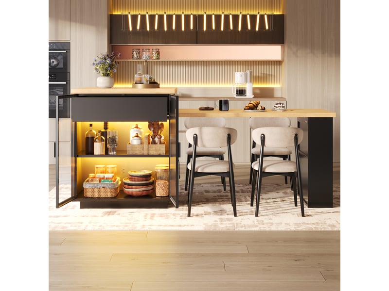  Îlot de cuisine extensible noir avec led, usb et rangements, 194,5 cm Fay Lum - Conforama E
