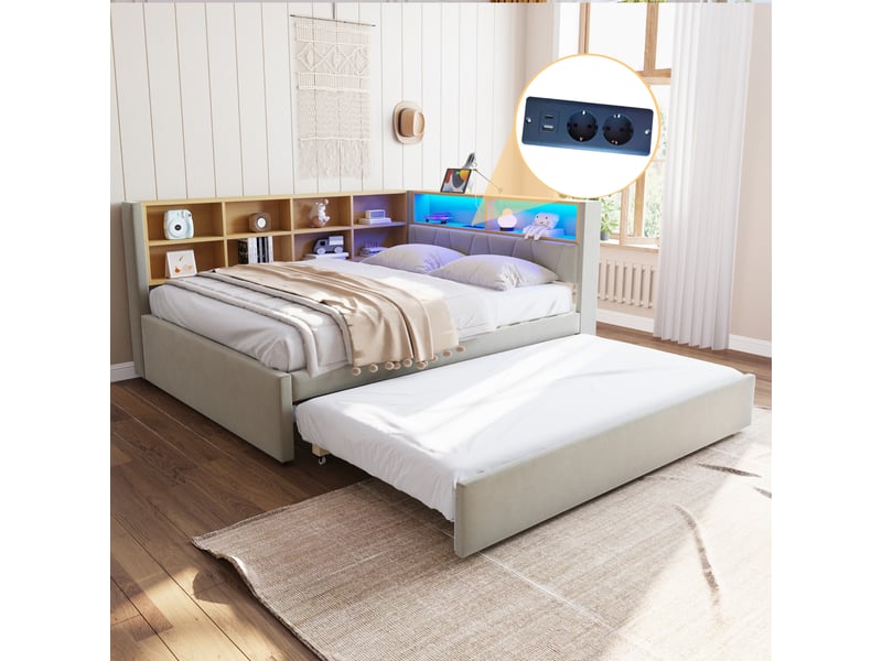 Lit banquette rembourré 140x200 cm avec lit gigogne 90x190 cm, rangements, led, usb, usb-c et prise électrique, sommier à lattes, flanelle gris clair Radiant Stride - Conforama E