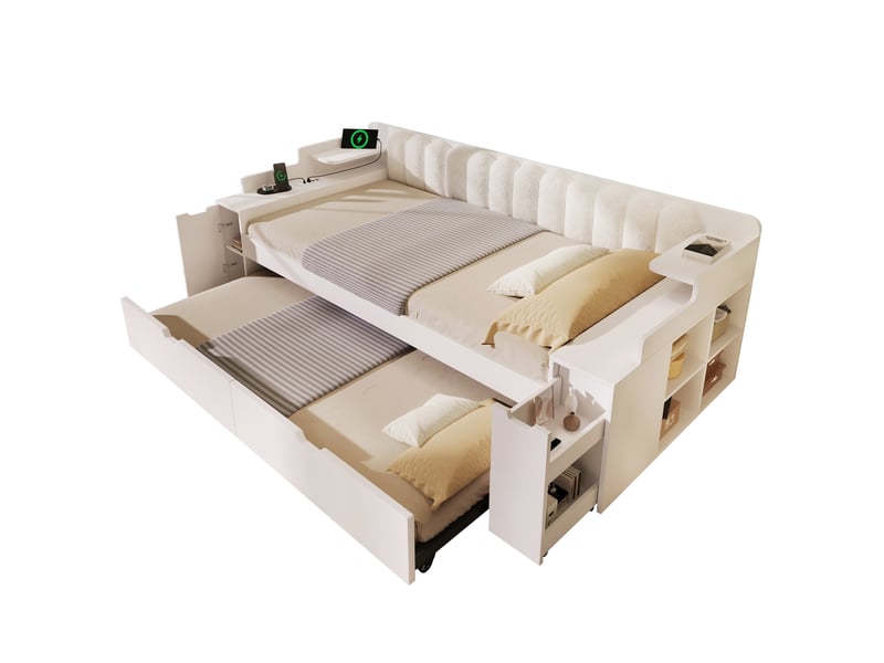  Lit gigogne 90x200 cm blanc avec rangement, chargeurs usb et dossier sherpa  - Conforama A