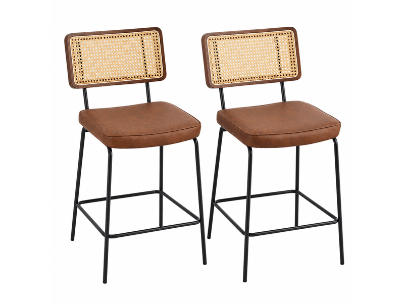  Lot de 2 tabourets de bar vintage marron en similicuir, dossier effet rotin, pieds métal  - Conforama A