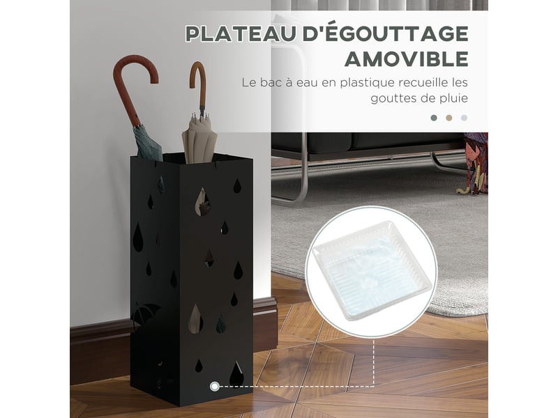  Porte-parapluie support à parapluie carré en acier avec 4 crochets et bac de récupération amovible d'eau noir  - Conforama E