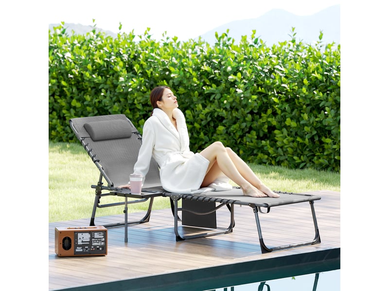  Chaise longue de jardin pliante et inclinable à 5 positions avec table d'appoint et poche, 60 x 190 x 31 cm, gris et noir  - Conforama B