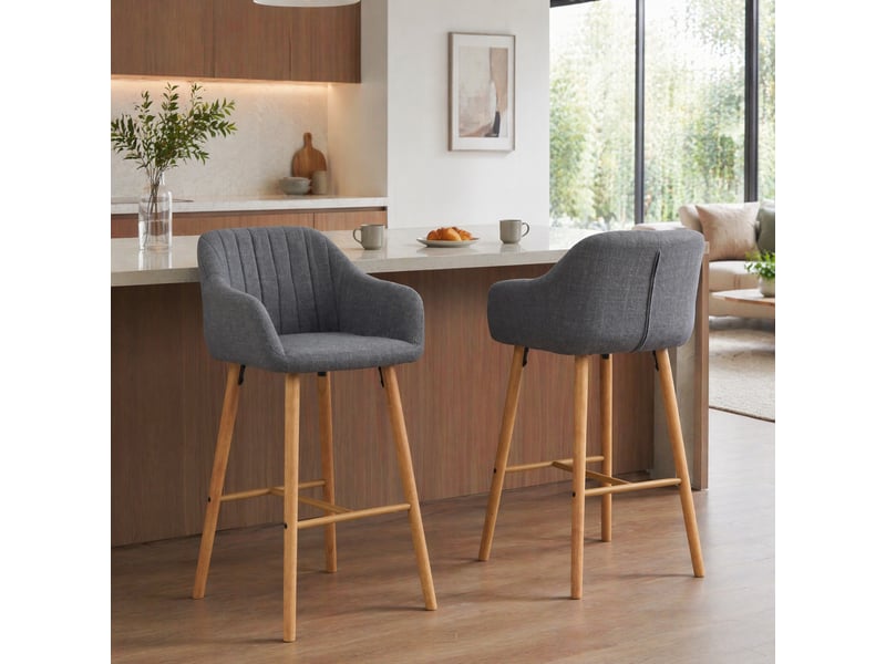  Tabouret de bar lot de 2 - assise confortable en lin gris, dossier haut et accoudoirs, pieds en bois de caoutchouc  - Conforama B