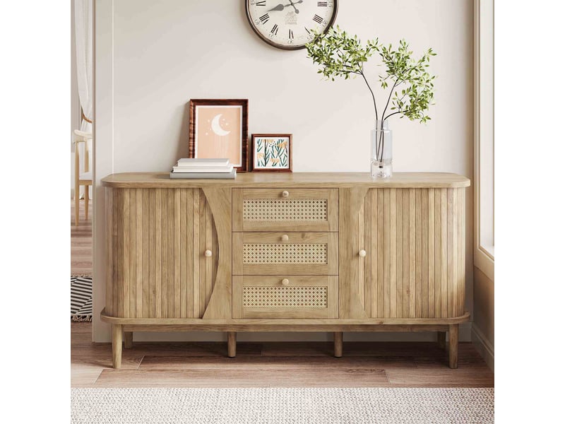 Buffet bas 140,5x40x76 cm - meuble de rangement en bois avec étagères réglables, portes coulissantes et 3 tiroirs cannage rotin- bois naturel - Conforama B