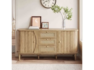 Buffet bas 140,5x40x76 cm - meuble de rangement en bois avec étagères réglables, portes coulissantes et 3 tiroirs cannage rotin- bois naturel