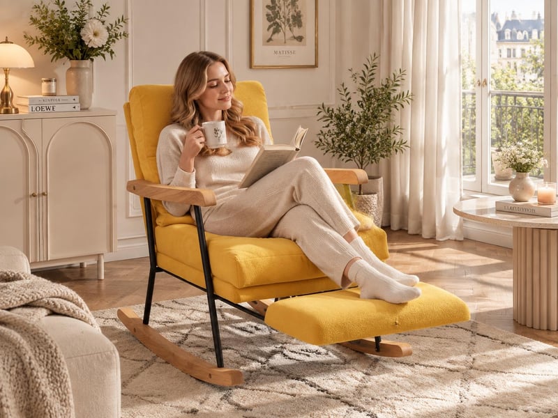  Fauteuil à bascule,rocking chair avec avec repose-pieds extensibles,scandinave,pieds en bois massif,coton et lin,jaune,64x97x94cm  - Conforama C