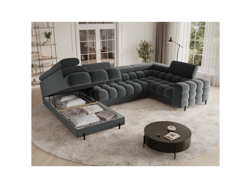 Canapé panoramique convertible factory 3 places gris foncé – angle gauche avec coffre - Conforama D