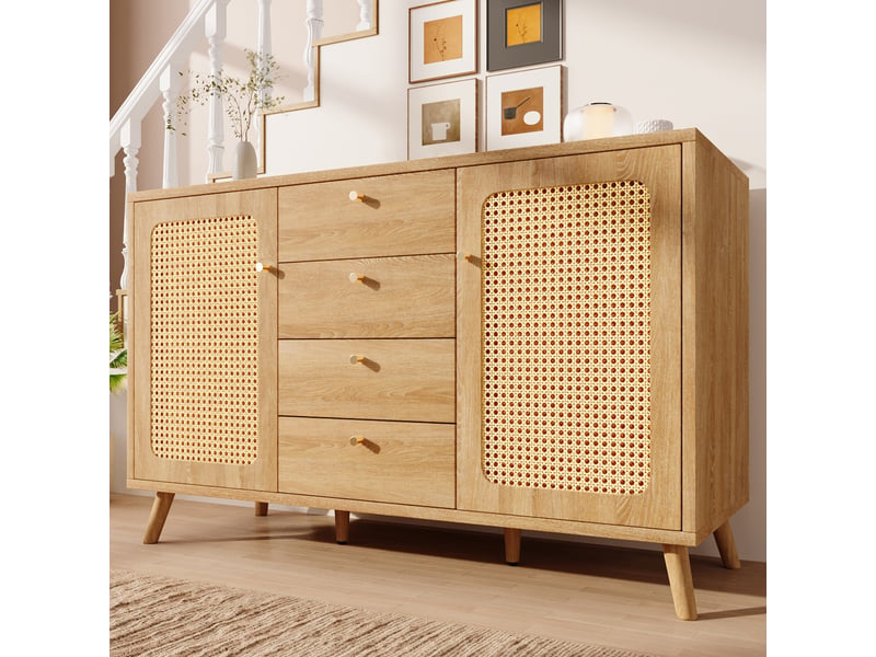  Buffet chêne clair 140 × 40 × 86 cm, 4 tiroirs et 2 portes effet rotin IKSETERA TRADING LTD - Conforama B