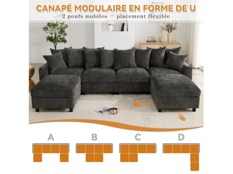 Canapé d’angle modulable 6 places 283x153,5 cm – gris – usbtype-c, 2 poufs et coussins mobiles - Conforama E
