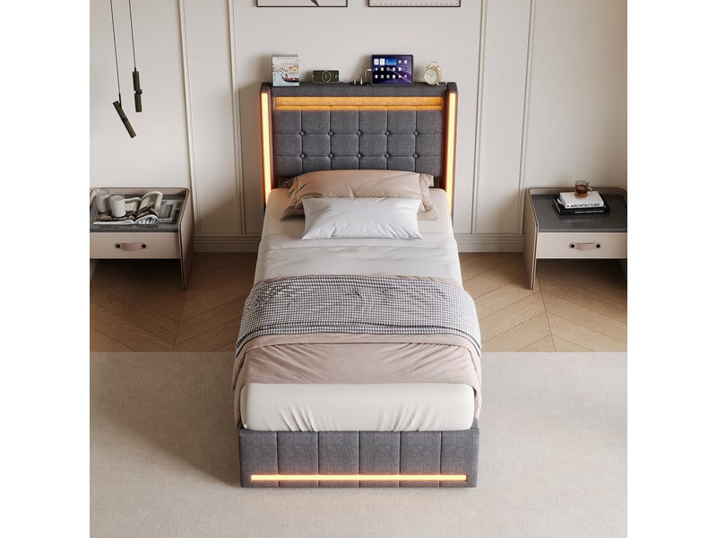  Lit rembourré 90 x 200 cm avec espace de rangement, station de recharge et éclairage led, gris  - Conforama D