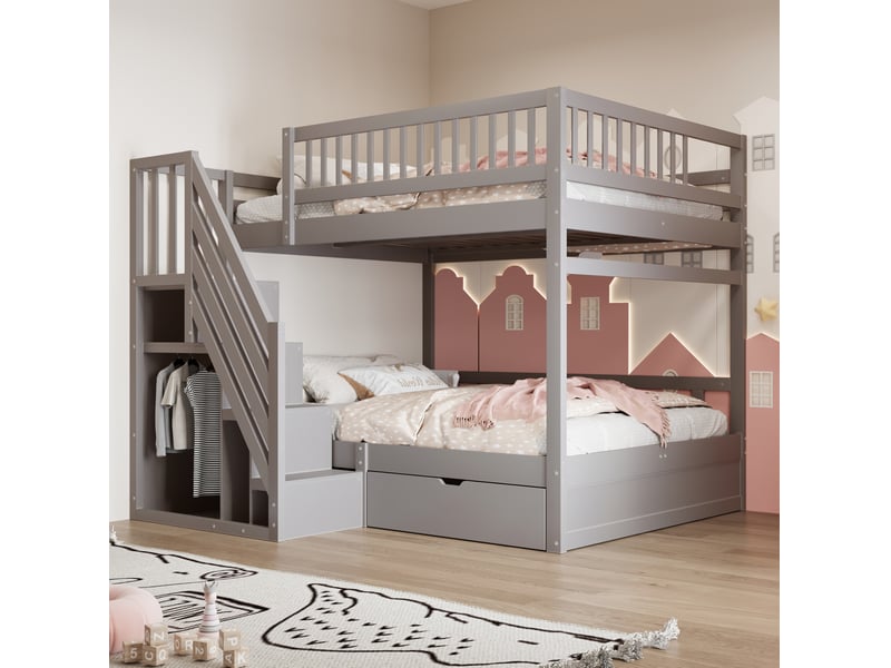  Lit superposé 140x200 cm, sécurité, échelle de rangement, tiroirs intégrés, bois, gris, sans matelas  - Conforama D