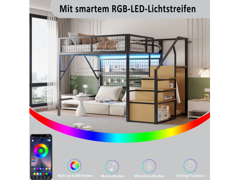  Lit mezzanine enfant 140x200 cm – noir – escalier de rangement, led connectée et espace sous lit - sans matelas  - Conforama E