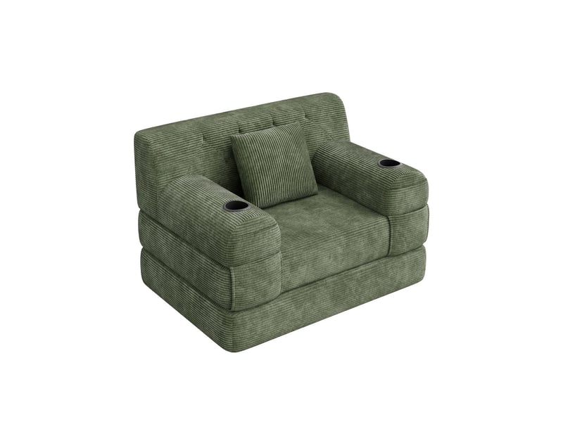Canapé-lit 1 place format compact couchage d'appoint revêtement en velours côtelé dossier haut cadre métallique mousse haute densité 2 porte-gobelets 4 poches latérales coloris vert - Conforama A