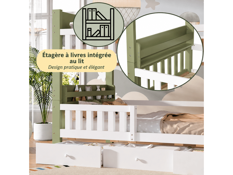 Lit superposé enfant 90x200 cm avec tiroirs de rangement, étagère latérale et barrière de sécurité, structure bois, blanc et vert OMNIGLINT TRADING LTD - Conforama E