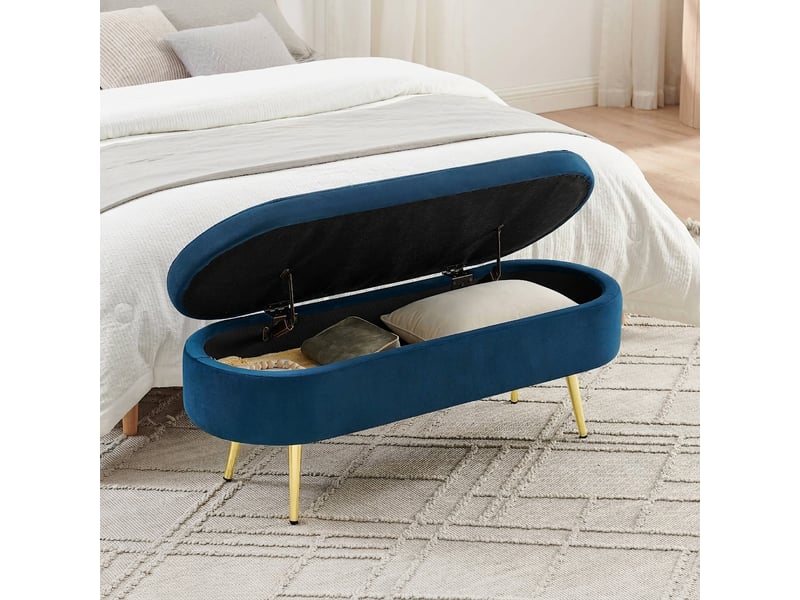 Banc de rangement bleu 110x40x42 cm en velours avec coffre et pieds en métal  - Conforama B
