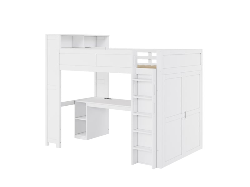 Lit superposé 90x200cm avec bureau, espaces de rangement, armoire, port usb et éclairage led, blanc - Conforama A