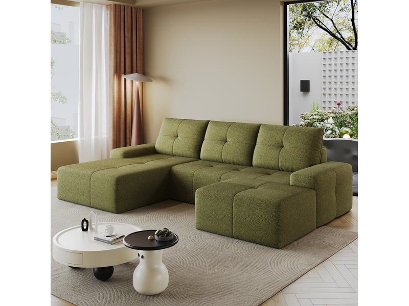Canapé d’angle 4 places avec ottomane en tissu vert olive, 262x172x82 cm - Conforama W