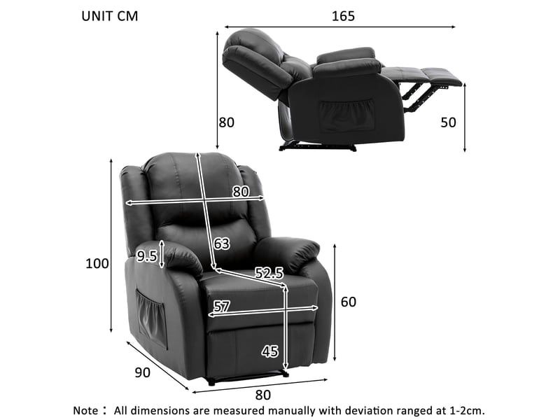 Fauteuil relax manuel inclinable avec repose-pieds intégré et poche latérale en simili cuir noir 80 × 90 × 100 cm - Conforama E