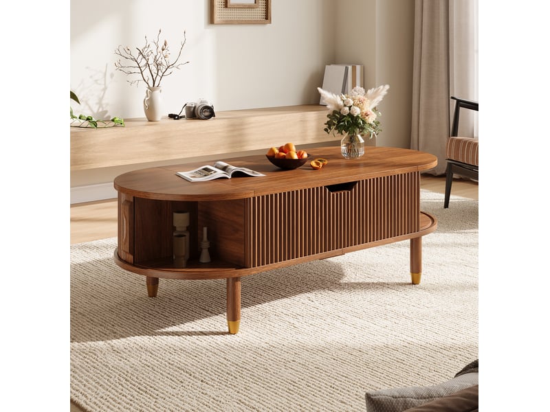 Table basse ovale à plateau relevable et portes coulissantes, mdf et pieds en bois d’hévéa, coloris noyer - Conforama D