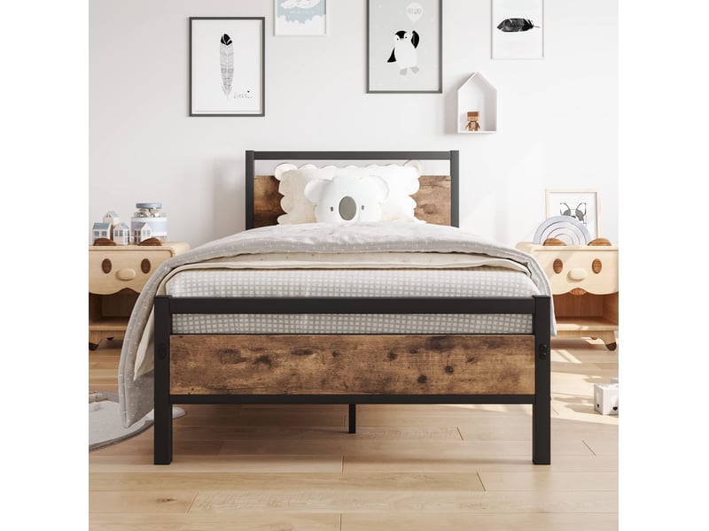  Lit simple 90 × 200 cm 1 place avec rangement sous le lit, tête et pied de lit, sans matelas, métal et mdf, marron  - Conforama C