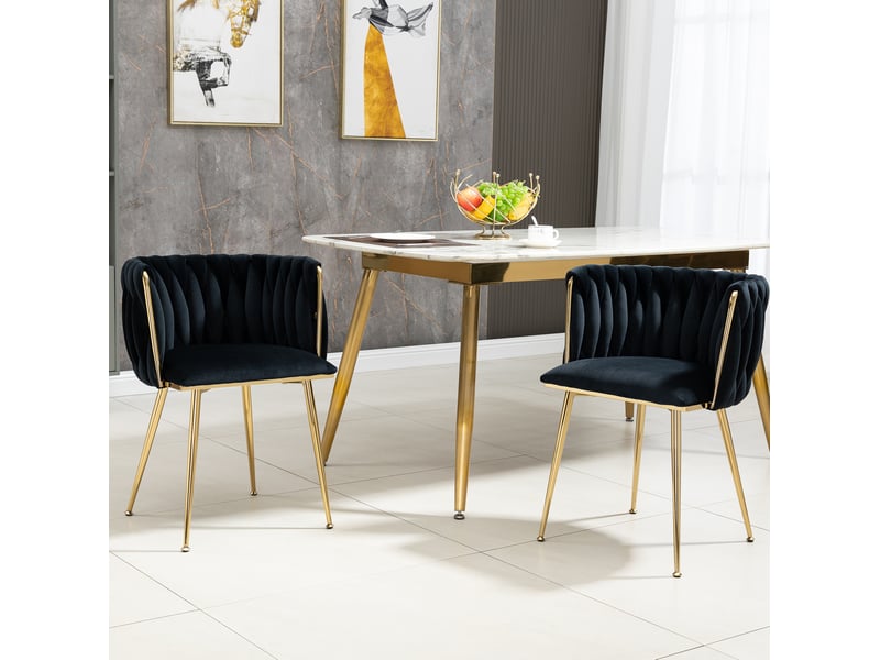  Lot de 2 chaises de salle à manger 55,5x41x74cm, dossier arrondi, design tressé, pour salon, pieds en métal, velours noir  - Conforama B