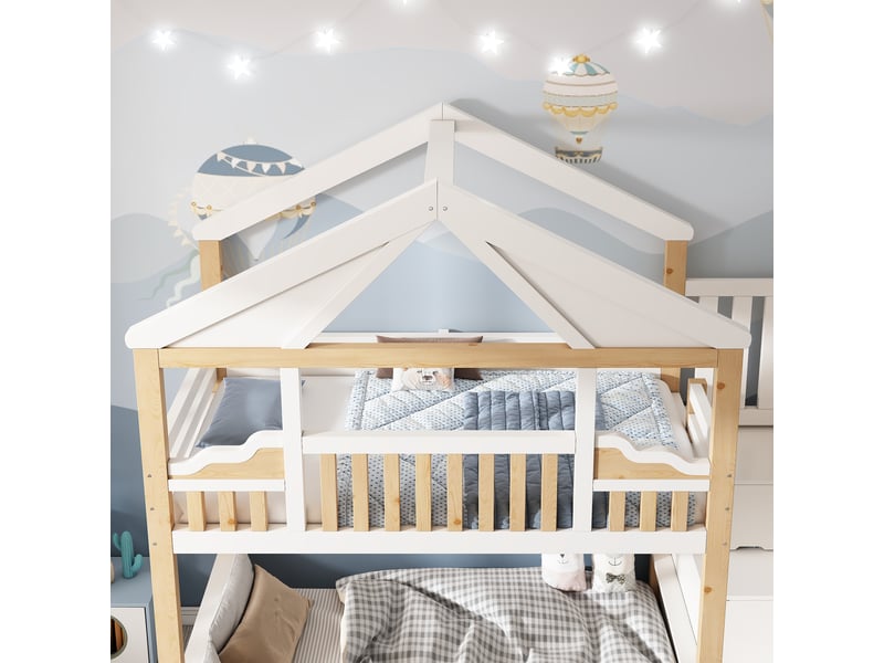  Lit superposé maison 90x200140x200 cm blanc et bois naturel Fay Lum - Conforama R