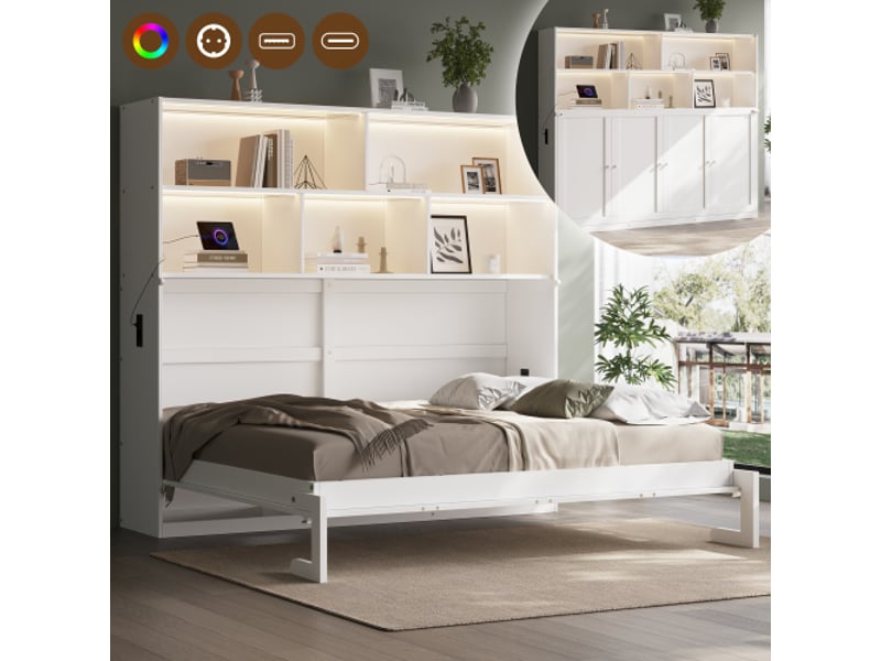  Lit escamotable 1 place 90x200 cm,gain de place,rangements latéraux,led pilotée par application,usb,usb-c et prise,bois,blanc  - Conforama B