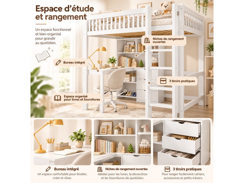Lit mezzanine enfant 140 x 200 cm en bois avec bureau, nombreux rangements, 3 tiroirs et échelle, gain de place, blanc - Conforama D