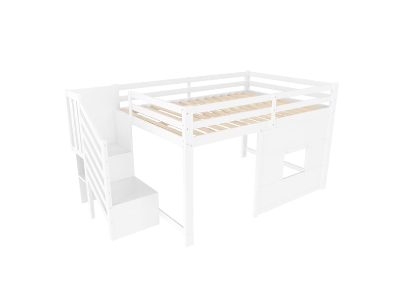  Lit mezzanine enfant 140x200 avec escalier rangement - lit mezzanine - design maison, led intégrée, garde-corps de sécurité, blanc,  - Conforama E