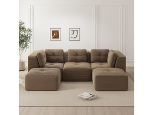 Canapé modulaire 3 places avec ottomane en velours côtelé marron - 297 x 177 x 69 cm