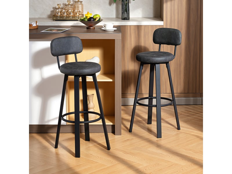  Ensemble de 2 tabourets de bar pivotants pour cuisine, revêtement en polyuréthane, avec dossier, structure en métal et repose-pieds, gris foncé  - Conforama C