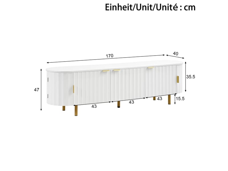  Meuble tv bas en mdf, 5 portes, façade rainurée, côtés arrondis, pieds et poignées en fer, buffet multimédia 170 x 40 x 47 cm  - Conforama C